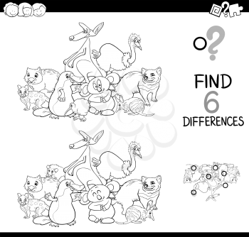 Black and White Cartoon Illustration of Finding Six Differences Between Pictures Educational Activity Game for Kids with Funny Animal Characters Group Coloring Book