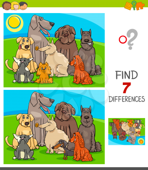 Cartoon Illustration of Finding Seven Differences Between Pictures Educational Game for Children with Purebred Dog Characters Group