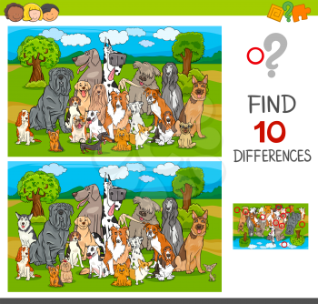 Cartoon Illustration of Finding Ten Differences Between Pictures Educational Game for Children with Purebred Dogs Animal Characters