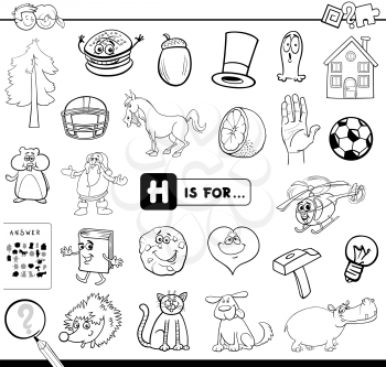 Black and White Cartoon Illustration of Finding Picture Starting with Letter H Educational Game Workbook for Children Coloring Book