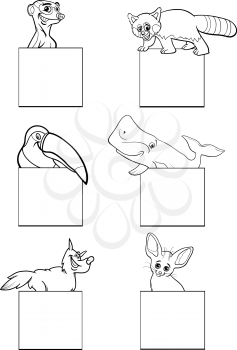 Black and White Cartoon Illustration of Animals with White Banners or Cards Design Set