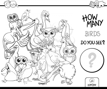 Black and White Cartoon Illustration of Educational Counting Activity Game for Children with Bird Characters Coloring Page