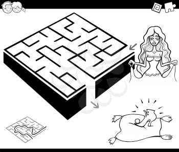 Black and White Cartoon Illustration of Education Maze or Labyrinth Game for Children with Cinderella Fantasy Character Coloring Page