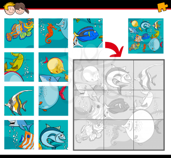 Cartoon Illustration of Educational Jigsaw Puzzle Activity Game for Children with Fish and Sea Life Animal Characters