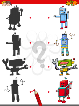 Cartoon Illustration of Find the Shadow Educational Activity Game for Children with Funny Robots Fantasy Characters