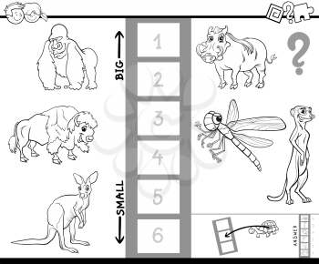 Black and White Cartoon Illustration of Educational Activity Game of Finding the Biggest and the Smallest Animal Character Coloring Book