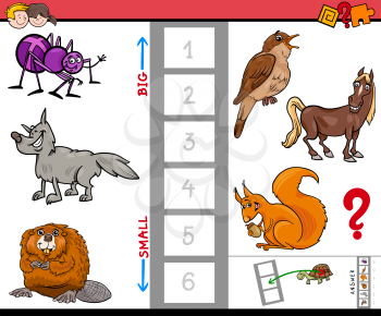 Cartoon Illustration of Educational Game of Finding the Biggest and the Smallest Animal Characters