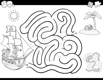 Black and White Cartoon Illustration of Education Maze or Labyrinth Activity Game for Children with Pirate Character with Ship and Treasure Island Coloring Book
