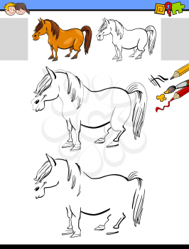 Cartoon Illustration of Drawing and Coloring Educational Activity for Children with Horse or Pony Farm Animal Character