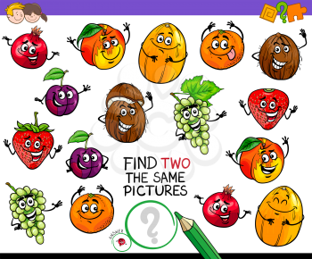 Cartoon Illustration of Finding Two Identical Pictures Educational Game for Children with Fruits Comic Characters