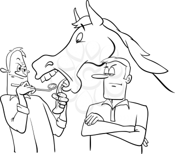 Black and White Cartoon Humorous Concept Illustration of Looking a Gift Horse in the Mouth Saying or Proverb