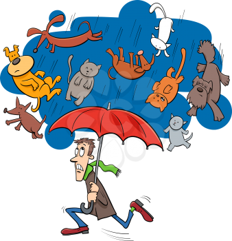 Cartoon Humorous Concept Illustration of Raining Cats and Dogs Saying or Proverb