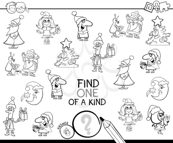 Black and White Cartoon Illustration of Find One of a Kind Educational Activity Game for Children with Christmas Characters and Objects Coloring Book
