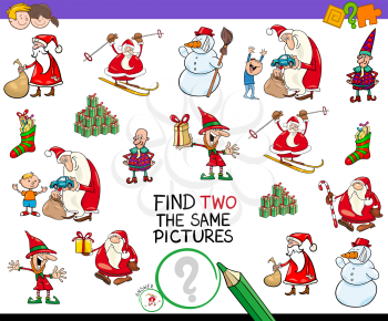 Cartoon Illustration of Finding Two Identical Pictures Educational Activity Game for Children with Christmas Holiday Characters