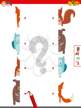 Cartoon Illustration of Educational Game of Matching Halves of Wild Animal Characters