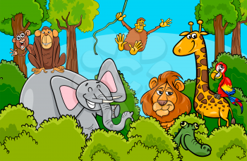 Cartoon illustration of Funny Wild Animal Characters Group