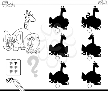 Black and White Cartoon Illustration of Finding the Shadow without Differences Educational Activity for Children with Wild Animal Characters Coloring Book