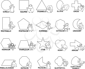 Black and White Cartoon Illustration of Educational Basic Geometric Shapes for Preschool or Elementary School Children with Animal Characters