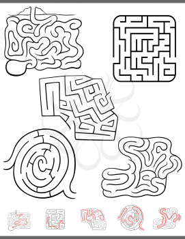 Illustration of Black and White Mazes or Labyrinths Activity Games Set with Solutions
