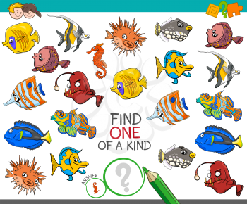 Cartoon Illustration of Find One of a Kind Picture Educational Activity Game for Children with Fish Sea Life Animal Characters