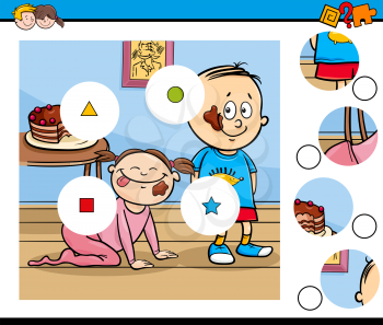 Cartoon Illustration of Educational Match the Pieces Jigsaw Puzzle Game for Kids with Happy Children and Sweet Pie