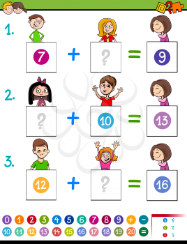Cartoon Illustration of Educational Mathematical Addition Puzzle Game for Preschool and Elementary Age Children with Boys and Girls Comic Characters