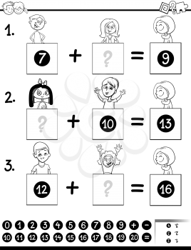 Black and White Cartoon Illustration of Educational Mathematical Addition Puzzle Game for Preschool and Elementary Age Children with Boys and Girls Comic Characters Coloring Book