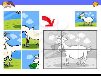 Cartoon Illustration of Educational Jigsaw Puzzle Activity Game for Children with Goat Eating Grass Farm Animal Characters