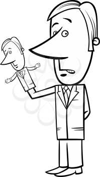 Black and White Concept Cartoon Illustration of Puppeteer Businessman with Hand Puppet