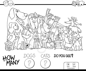 Black and White Cartoon Illustration of Educational Counting Game for Children with Dogs and Cats Animal Characters Coloring Book