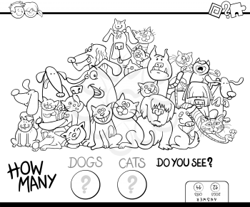Black and White Cartoon Illustration of Educational Counting Game for Children with Cats and Dogs Pet Characters Group Coloring Book