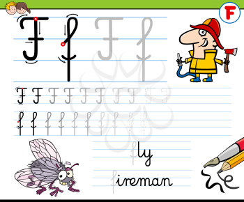 Cartoon Illustration of Writing Skills Practice with Letter F Worksheet for Preschool and Elementary Age Children