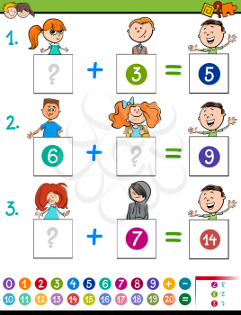 Cartoon Illustration of Educational Mathematical Addition Puzzle Game for Preschool and Elementary Age Children with Boys and Girls Characters