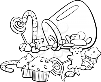 Black and White Cartoon Illustration of Sweet Food like Candy or Cakes Coloring Book
