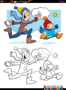 Cartoon Illustration of Father and Little Son Throwing Snowballs and Having Fun on Winter Time Coloring Book Activity