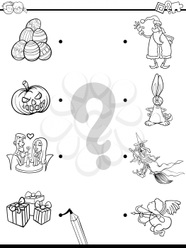 Black and White Cartoon Illustration of Educational Pictures Matching Game for Children with Holidays Characters and Objects Coloring Book