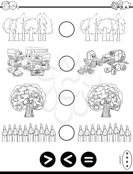 Black and White Cartoon Illustration of Educational Mathematical Activity Game of Greater Than, Less Than or Equal to for Kids Coloring Book