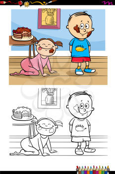 Cartoon Illustration of Little Boy and Baby Girl and Chocolate Cake Coloring Book Activity