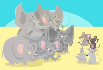 Cartoon Humorous Illustration of Elephants and Mice Animal Characters