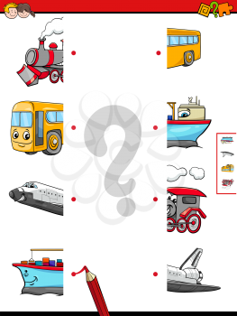 Cartoon Illustration of Educational Game of Matching Halves with Transportation Characters