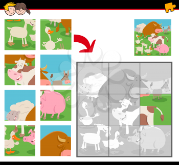 Cartoon Illustration of Educational Jigsaw Puzzle Activity Game for Children with Farm Animal Characters