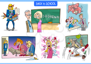 Cartoon Illustration of School and Education Characters and Situations Set