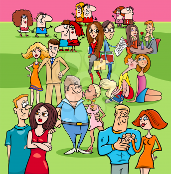 Cartoon Illustration of Women and Men Couples in Love Group