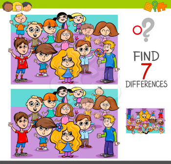Cartoon Illustration of Finding Seven Differences Between Pictures Educational Activity Game for Kids with Children Characters Group