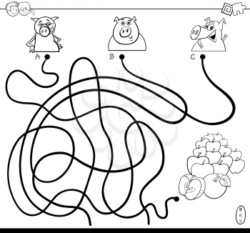 Black and White Cartoon Illustration of Paths or Maze Puzzle Activity Game with Funny Pigs Farm Animal Characters and Apples Coloring Book