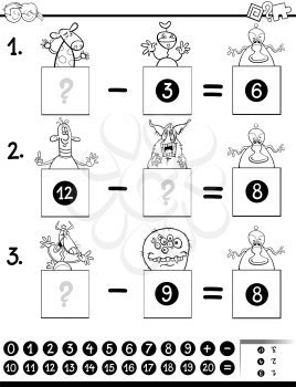 Black and White Cartoon Illustration of Educational Mathematical Subtraction Puzzle Game for Preschool and Elementary Age Children with Aliens and Monsters Funny Characters Coloring Book