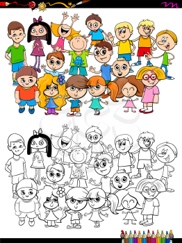 Cartoon Illustration of Girls and Boys Kid Characters Group Coloring Book Activity