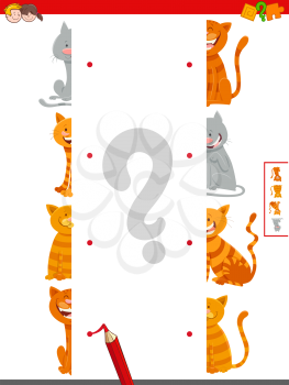 Cartoon Illustration of Educational Game of Matching Halves of Cat Characters