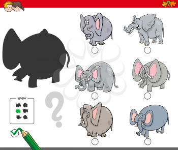 Cartoon Illustration of Finding the Shadow without Differences Educational Activity for Children with Elephants Animal Characters