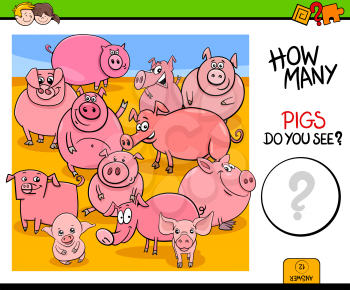 Cartoon Illustration of Educational Counting Activity Game for Children with Pigs Farm Animal Characters